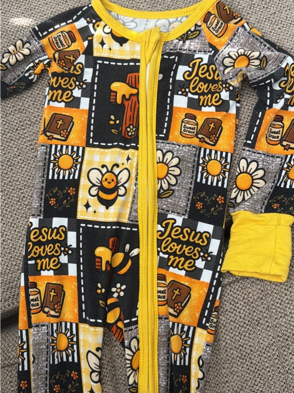 Baby Yellow & Black 'Jesus Loves Me' bamboo sleeper